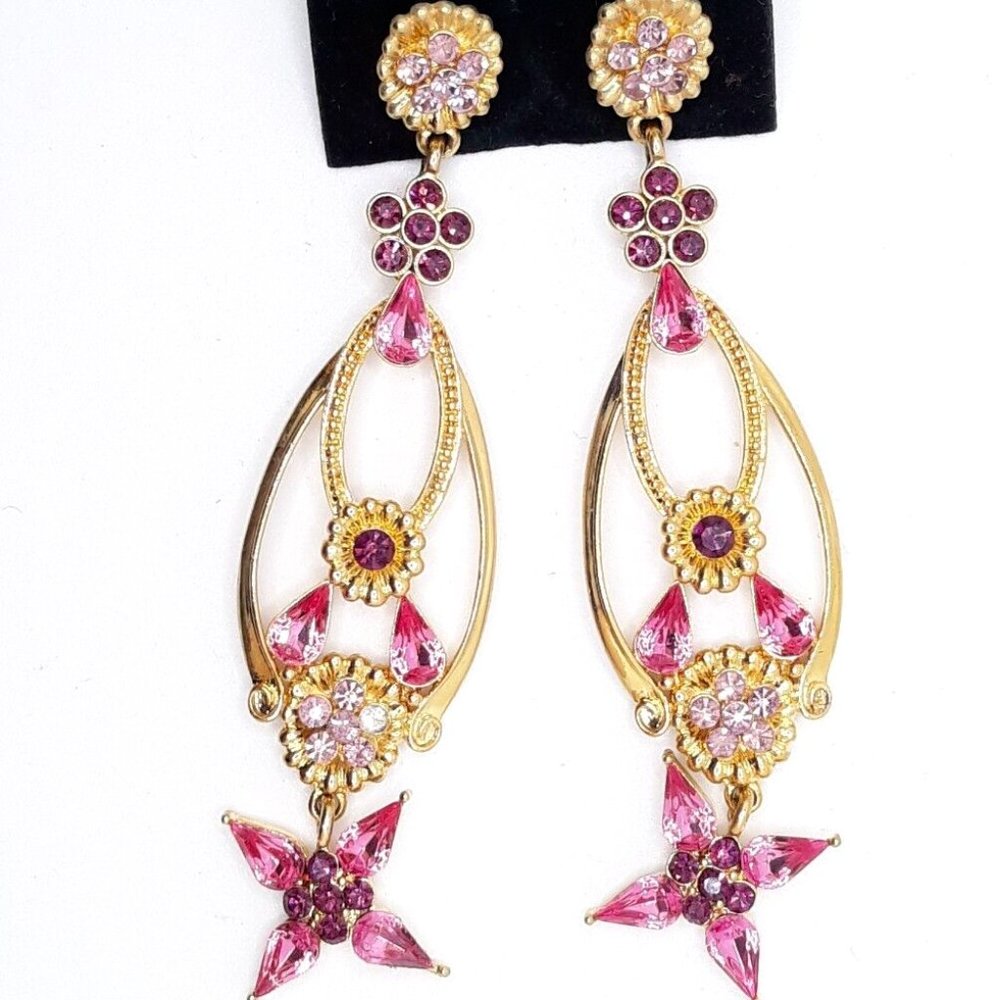 Earrings, Iridescent Pink Austrian Crystals Gold Metal, Dangling Vintage 1990's